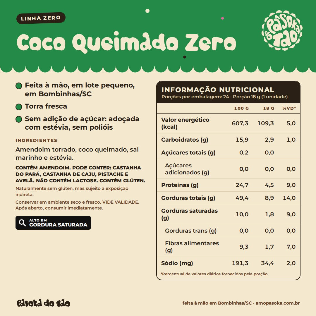Ficha de Display Paçoca Coco Queimado Zero 24 unidades: qualidades, ingredientes, alérgicos e tabela nutricional