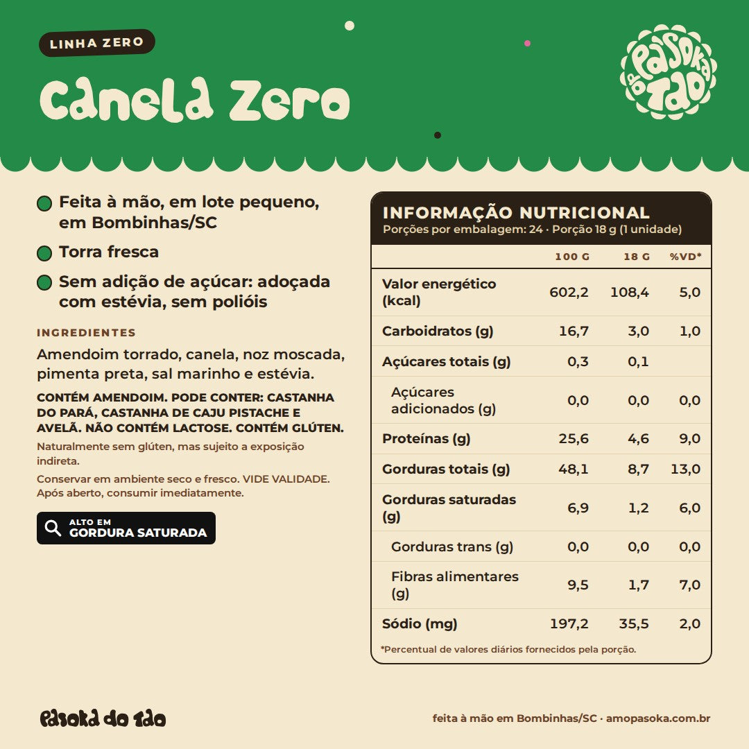 Ficha de Display Paçoca Canela Zero 24 unidades: qualidades, ingredientes, alérgicos e tabela nutricional