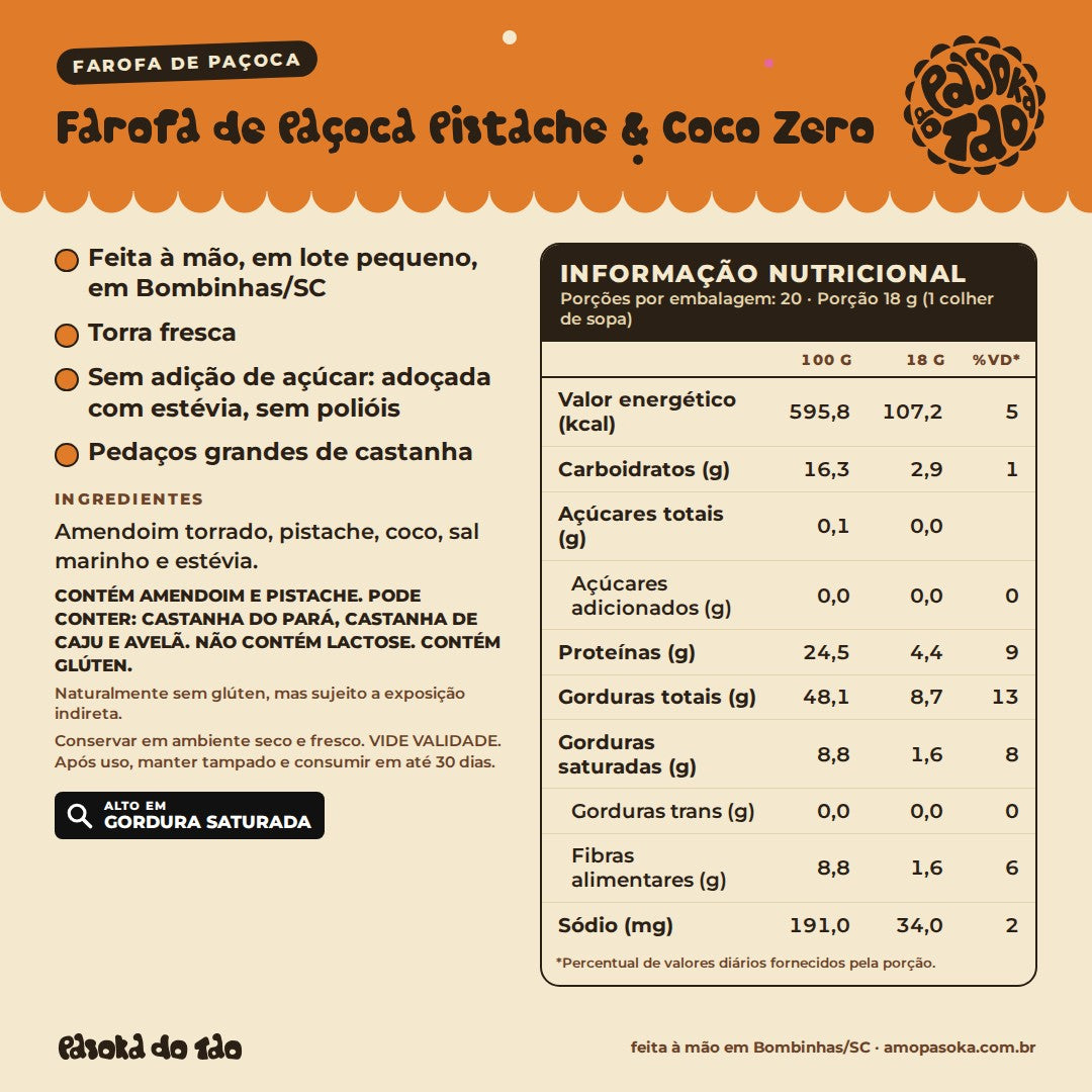 Ficha de Farofa de Paçoca Pistache & Coco Zero 360 g: qualidades, ingredientes, alérgicos e tabela nutricional