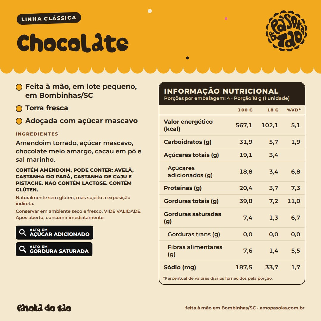 Ficha de Paçoca Chocolate 4 unidades: qualidades, ingredientes, alérgicos e tabela nutricional
