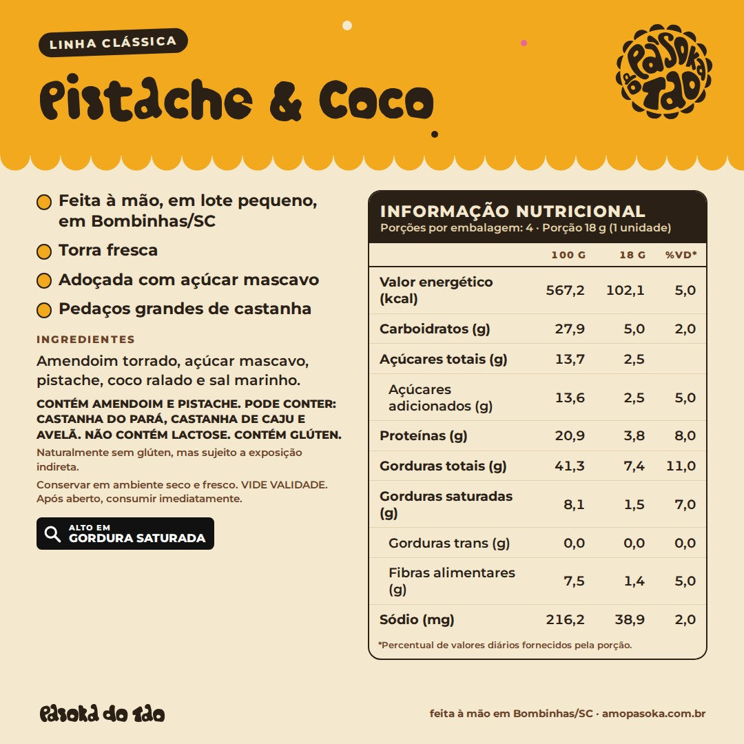 Ficha de Paçoca Pistache & Coco 4 unidades: qualidades, ingredientes, alérgicos e tabela nutricional