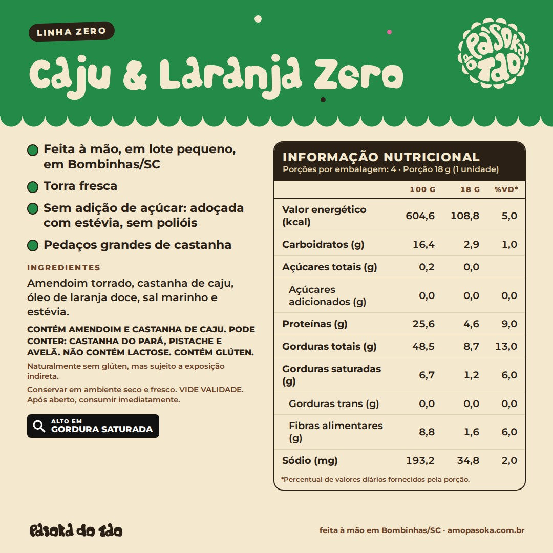 Ficha de Paçoca Caju & Laranja Zero 4 unidades: qualidades, ingredientes, alérgicos e tabela nutricional