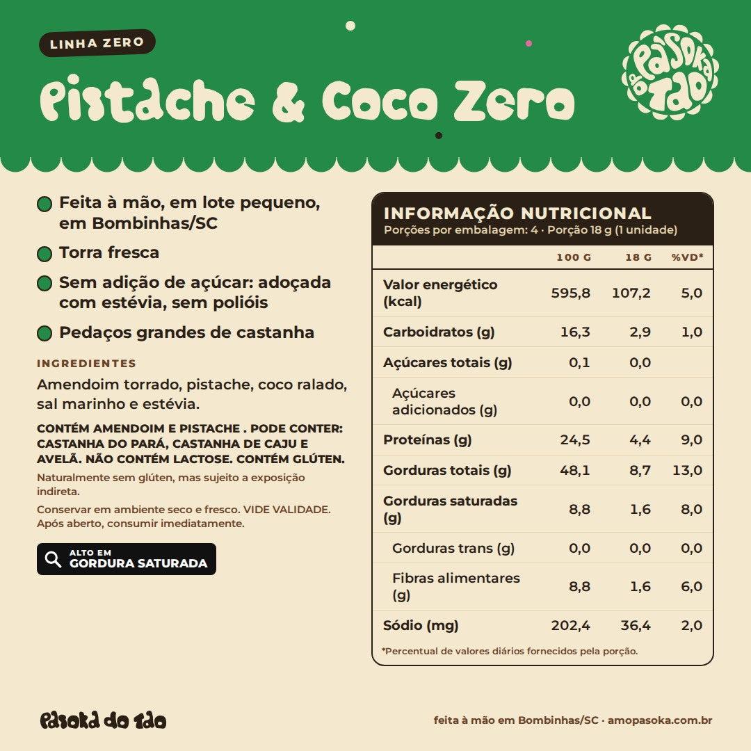 Ficha de Paçoca Pistache & Coco Zero 4 unidades: qualidades, ingredientes, alérgicos e tabela nutricional