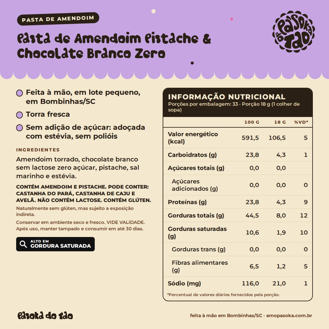 Ficha de Pasta de Amendoim Pistache & Chocolate Branco Zero 600 g: qualidades, ingredientes, alérgicos e tabela nutricional