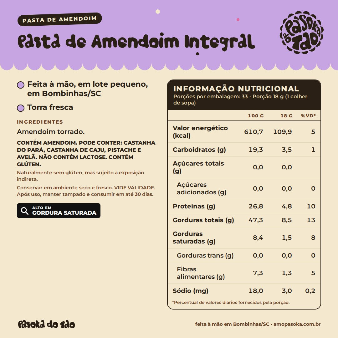 Ficha de Pasta de Amendoim Integral 600 g: qualidades, ingredientes, alérgicos e tabela nutricional