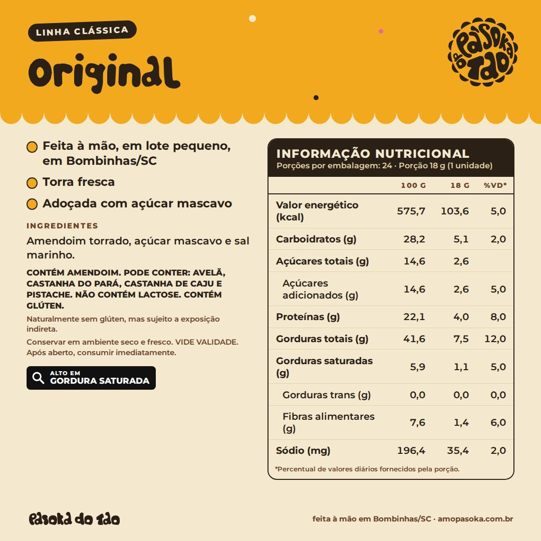 Ficha de Display Paçoca Original 24 unidades: qualidades, ingredientes, alérgicos e tabela nutricional