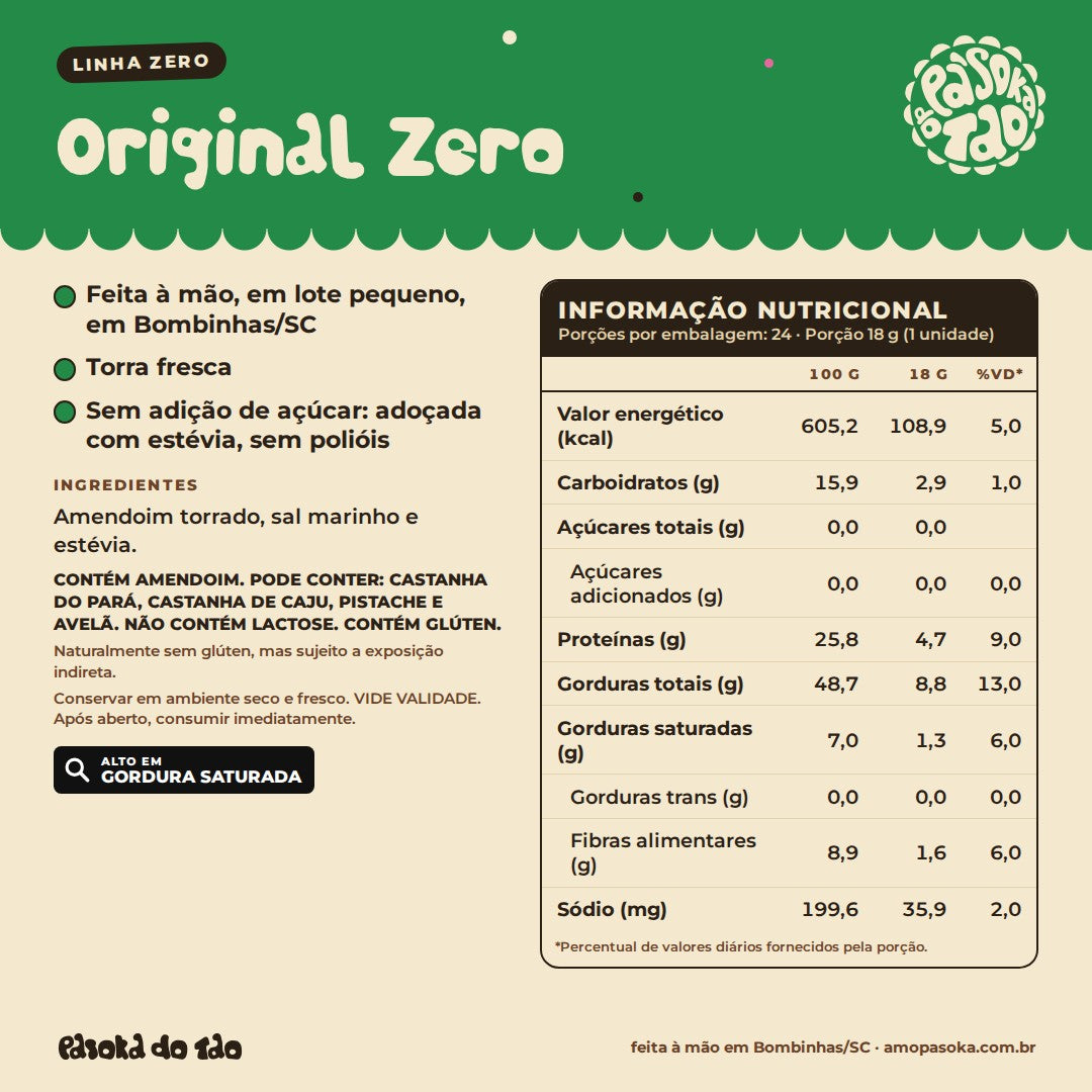 Ficha de Display Paçoca Original Zero 24 unidades: qualidades, ingredientes, alérgicos e tabela nutricional