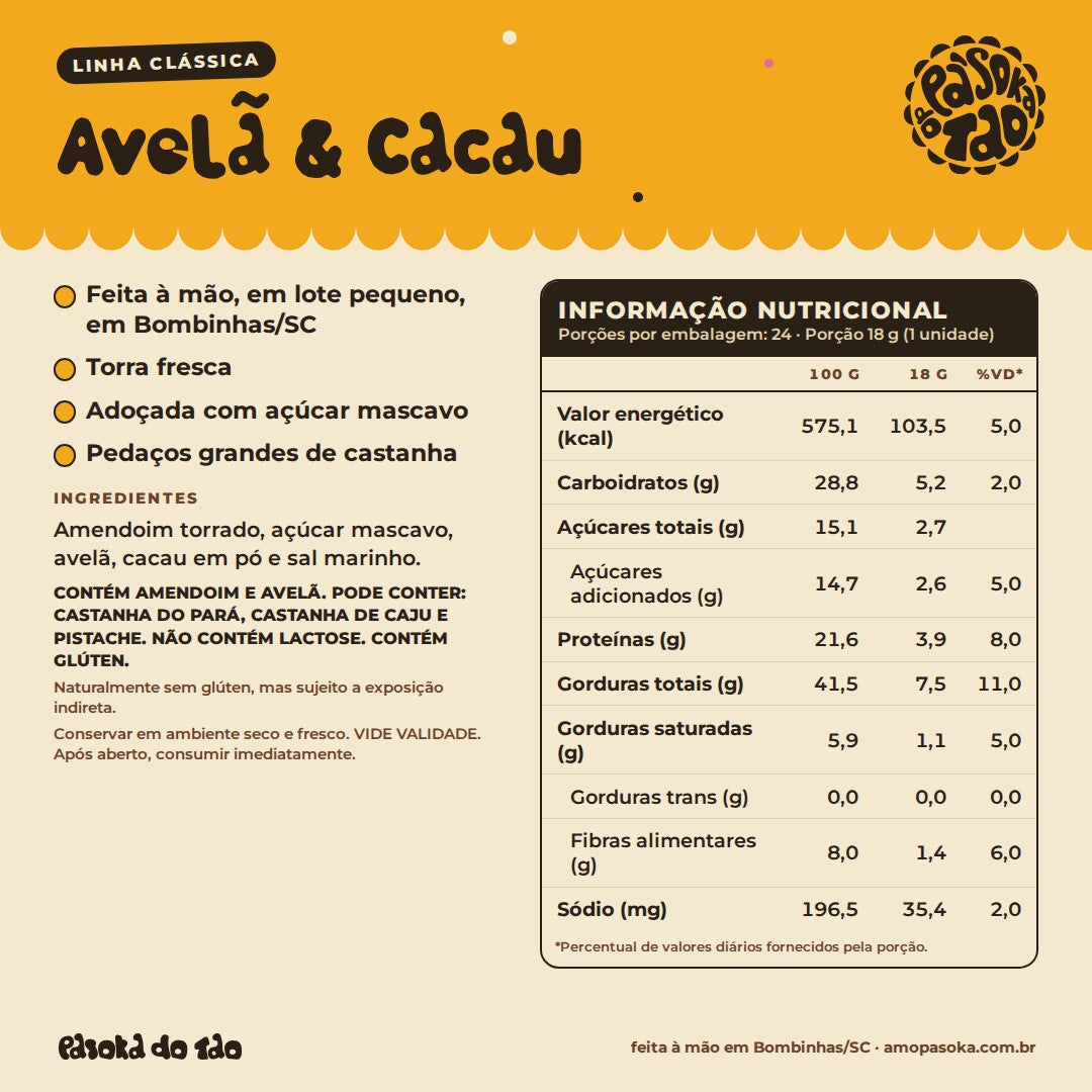 Ficha de Display Paçoca Avelã & Cacau 24 unidades: qualidades, ingredientes, alérgicos e tabela nutricional