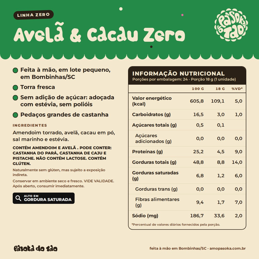Ficha de Display Paçoca Avelã & Cacau Zero 24 unidades: qualidades, ingredientes, alérgicos e tabela nutricional