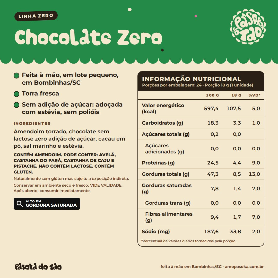 Ficha de Display Paçoca Chocolate Zero 24 unidades: qualidades, ingredientes, alérgicos e tabela nutricional