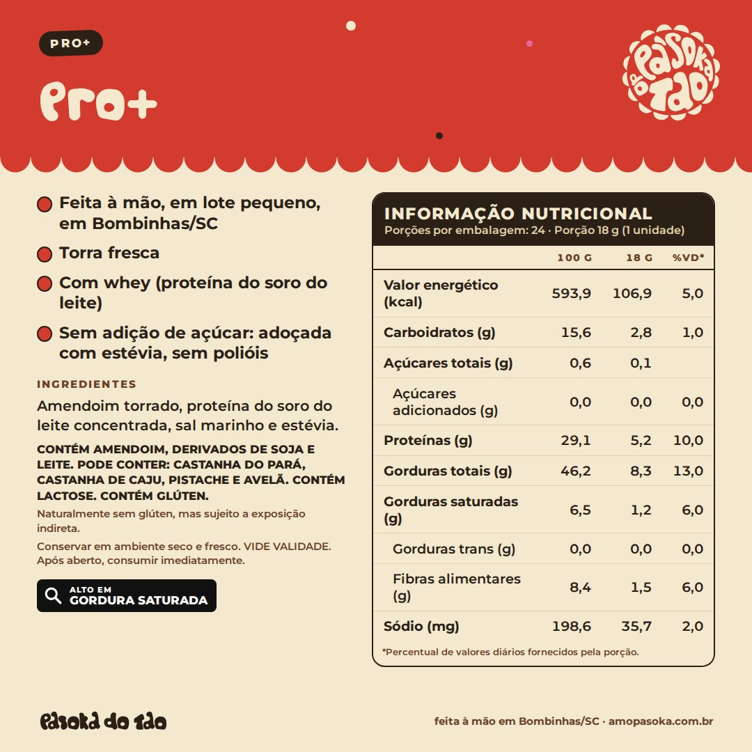 Ficha de Display Paçoca Pro+ 24 unidades: qualidades, ingredientes, alérgicos e tabela nutricional