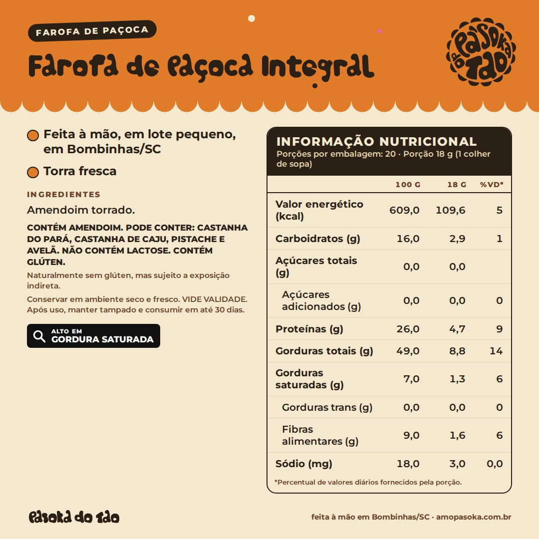 Ficha de Farofa de Paçoca Integral 360 g: qualidades, ingredientes, alérgicos e tabela nutricional