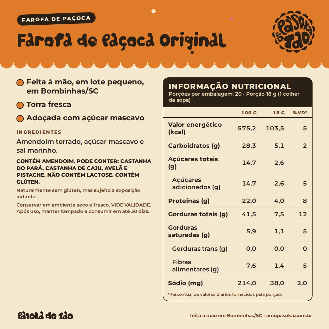 Ficha de Farofa de Paçoca Original 360 g: qualidades, ingredientes, alérgicos e tabela nutricional