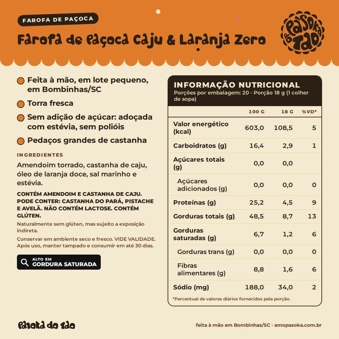 Ficha de Farofa de Paçoca Caju & Laranja Zero 360 g: qualidades, ingredientes, alérgicos e tabela nutricional
