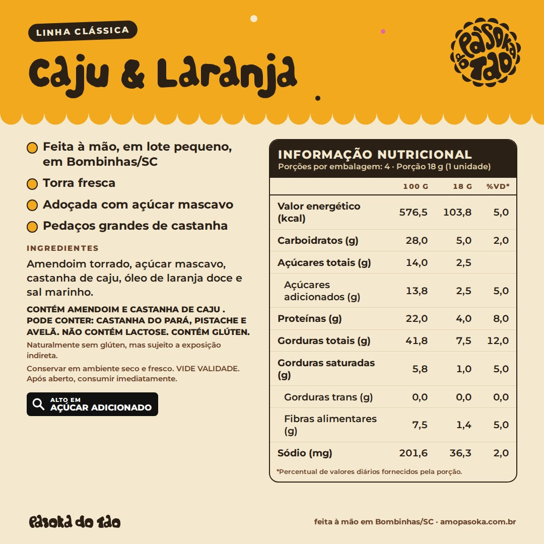 Ficha de Paçoca Caju & Laranja 4 unidades: qualidades, ingredientes, alérgicos e tabela nutricional