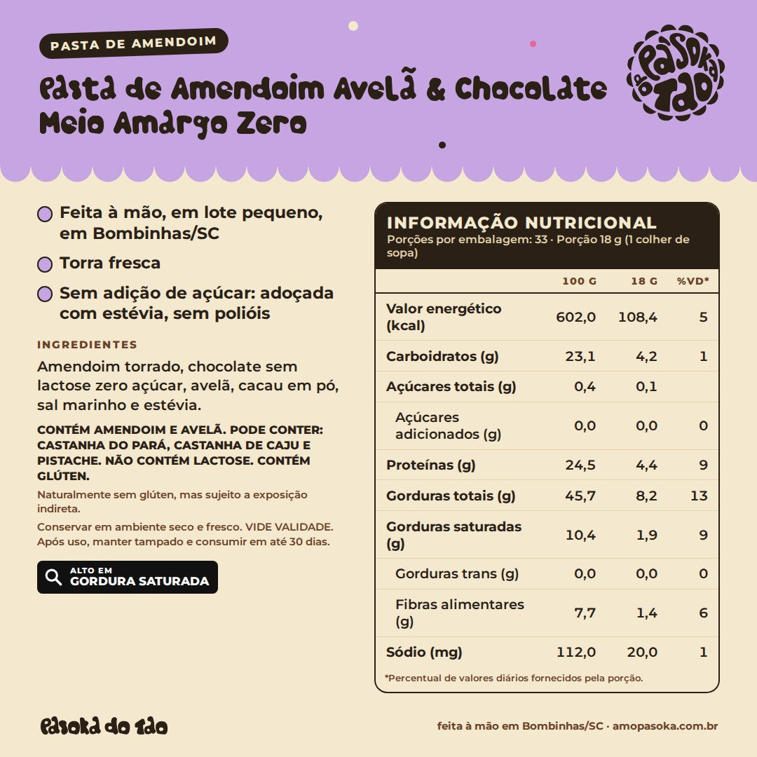 Ficha de Pasta de Amendoim Avelã & Chocolate Meio Amargo Zero 600 g: qualidades, ingredientes, alérgicos e tabela nutricional