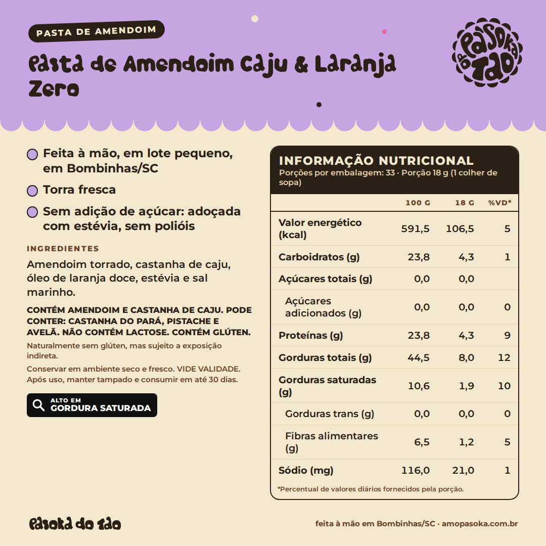 Ficha de Pasta de Amendoim Caju & Laranja Zero 600 g: qualidades, ingredientes, alérgicos e tabela nutricional