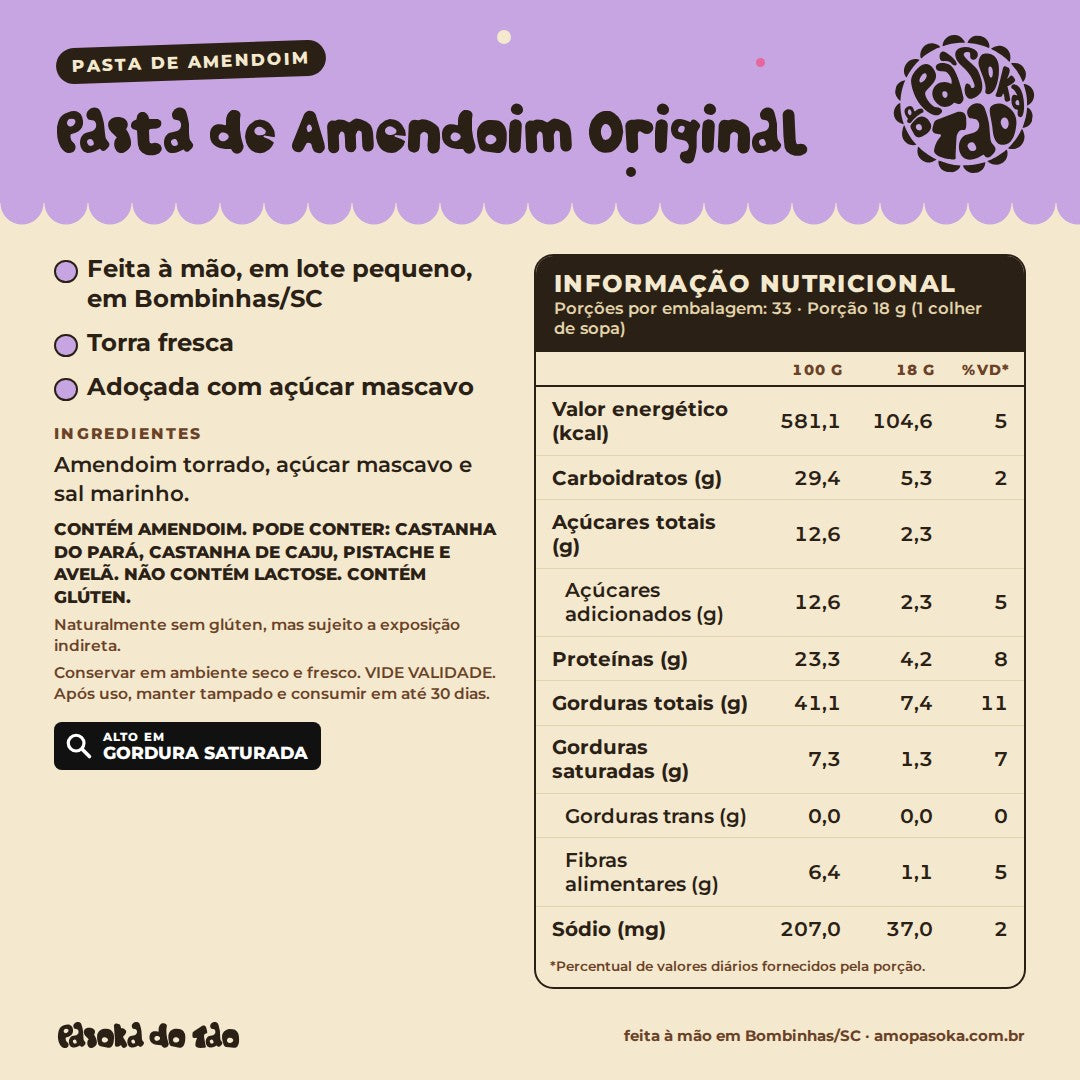 Ficha de Pasta de Amendoim Original 600 g: qualidades, ingredientes, alérgicos e tabela nutricional