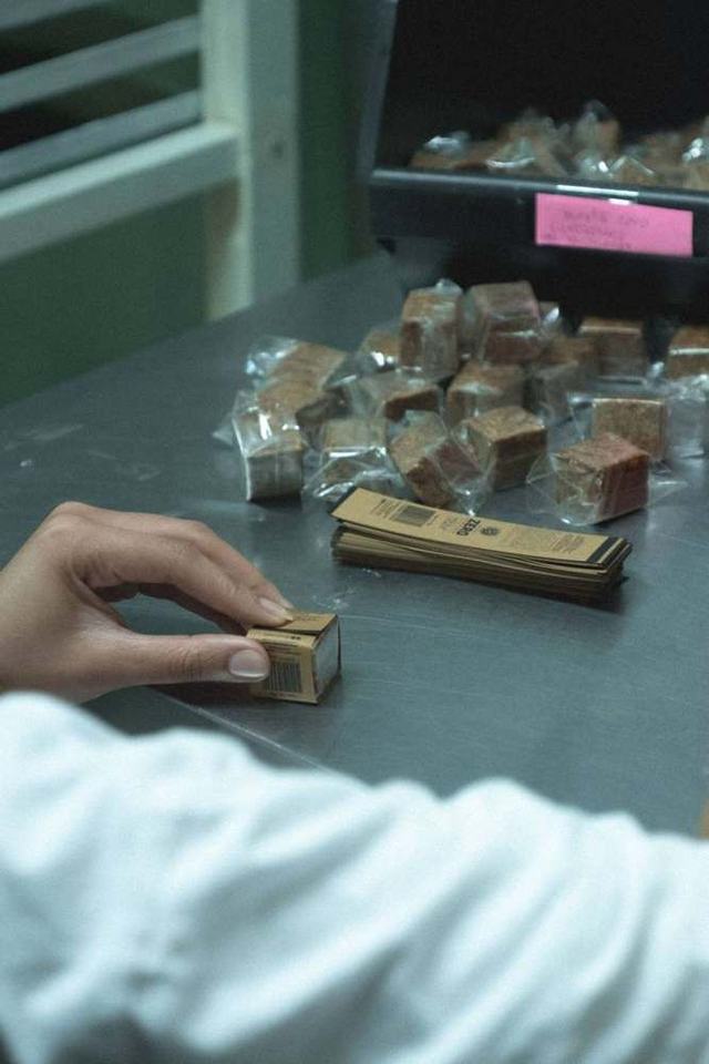 Mãos rotulando paçocas em uma bancada da fábrica
